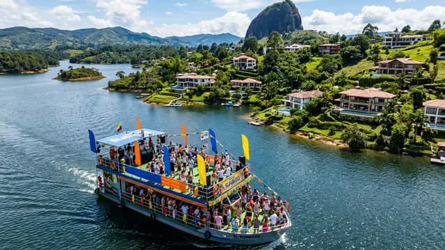 Barco turístico navegando el embalse de Guatapé con La Piedra del Peñol de fondo